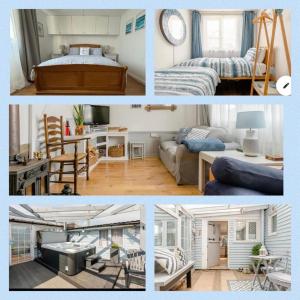 En eller flere senge i et værelse på Dog friendly cottage 2 mins to beach with hot tub and Zappi EV