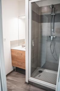 a bathroom with a shower with a glass door at Etoile des Halles Bergerac centre in Bergerac +23 photos