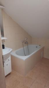 a bathroom with a bath tub and a sink at útulný podkrovní byt v centru Třebíče in Třebíč
