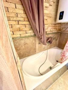 a bath tub in a bathroom with a shower at Sarló utcai ház in Veszprém
