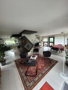 a living room with a fireplace and a rug at villa deloro in Orbey +29 photos