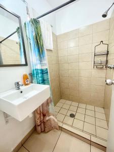 a bathroom with a sink and a shower at Modern Pool Side, 3 Bdrm House with parking in Puerto Vallarta