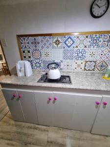a kitchen counter with a stove and tiles on the wall at Domo en el desierto in La Huaica +9 photos