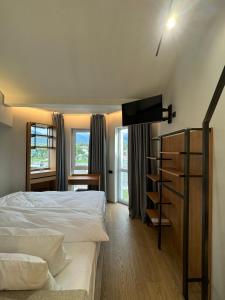 a bedroom with a bed and a tv and windows at Mosh Mosh Boutique Hotel in Almaty