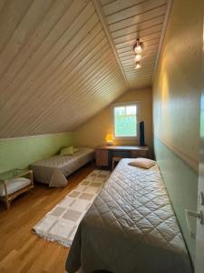 a bedroom with two beds in a room with a ceiling at Tuulas in Sotkamo