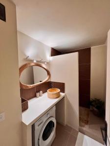 ein Badezimmer mit einer Waschmaschine und einem Spiegel in der Unterkunft Vista in Roquebrune-sur-Argens