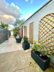 eine Terrasse mit drei Topfpflanzen und einem Gebäude in der Unterkunft Luxury & chic apartment with terraces 10min from Paris in Vitry-sur-Seine + 46 Fotos