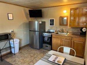 サウス・フォークにあるCozy cabin #4 at Aspen Ridge Cabinsのステンレス製の冷蔵庫とシンクを備えたキッチン