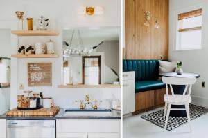 two images of a kitchen with a sink and a counter at New! Boutique Inspired 2br Loft, Lake Geneva in Lake Geneva +31 photos