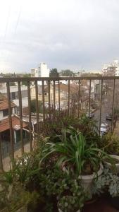 einen Balkon mit Topfpflanzen und Stadtblick in der Unterkunft Departamento ideal corta estadía in Ramos Mejía