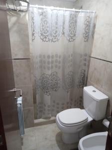 a bathroom with a toilet and a shower curtain at Veneto Village Departamento in Villa Parque Siquiman +5 photos