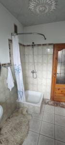 a bathroom with a bath tub and a shower at Adam room piwnica in Wrocław