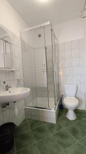 a bathroom with a shower and a toilet and a sink at JODA Pokoje Goscinne in Rewal