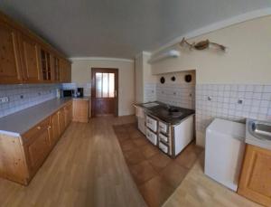 a large kitchen with wooden cabinets and a sink at Ferienwohnung Großleiten Alm in Laaben +7 photos