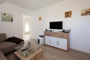 グレーミッツにあるFerienwohnung Seeblickのソファと薄型テレビのあるリビングルーム