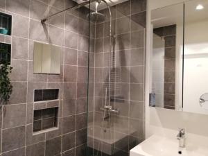 een badkamer met douche en wastafel bij Appartement Leon-Rens, op 1 minuut van het strand in Oostende