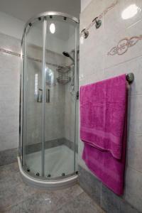 ein Bad mit einer Dusche und einem lila Handtuch in der Unterkunft SAMBUCA Chianti in Love in Tavarnelle in Val di Pesa