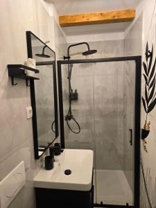 a bathroom with a shower and a white sink at Apartments Rose 5 in Cres +20 photos