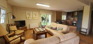 ein Wohnzimmer mit zwei Sofas und einem Fernseher in der Unterkunft Vivienda Vacacional El Cuetu del Sella in Llames de Pría