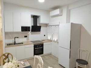 a white kitchen with a sink and a refrigerator at Clauro24 in Ciudad Real