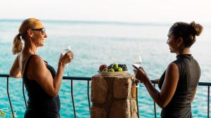 two women standing on a balcony with wine glasses at Luka private beach in Dobra Voda +52 photos