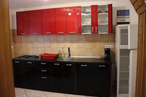 a kitchen with red cabinets and a sink at Cabană în inima munților - Gálkuti Kulcsosház in Bălan
