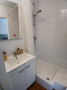 Un baño blanco con lavabo y ducha. en L'Oxymore, en Hastière-par-delà
