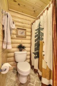 a bathroom with a toilet in a log cabin at Gorgeous Cabin Hot Tub, Fireplace, Great Location in Sevierville +35 photos