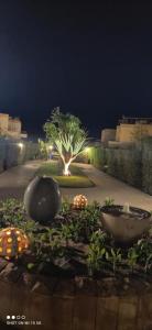 a garden with two large cement bowls and a tree at شاليه علوى بالروف بقرية فينيسا باجمل شواطئ السخنه in Ain Sokhna