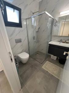 a bathroom with a shower and a toilet and a sink at Уютные апартаменты -cozy apartments in Bahçeler