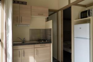 eine Küche mit Holzschränken, einer Spüle und einem Kühlschrank in der Unterkunft Camping Onlycamp Tours Val de Loire in Saint-Avertin + 58 Fotos