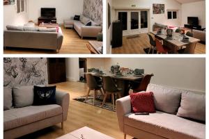 two pictures of a living room and a dining room at Loft proche CDG 6 pers, Parc Expo avec parking in Villeparisis