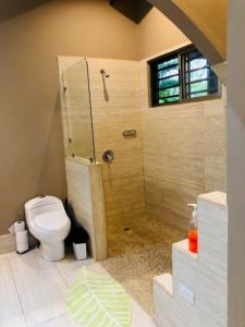 a bathroom with a shower with a toilet in it at La Rana Deluxe Villa - Riverfront With A Pool in Uvita