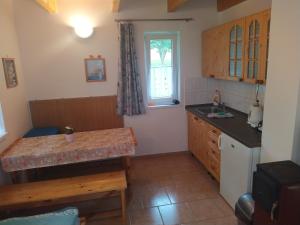 a kitchen with a counter and a sink and a window at Komplex Apartmánů Jestřábí in Černá v Pošumaví