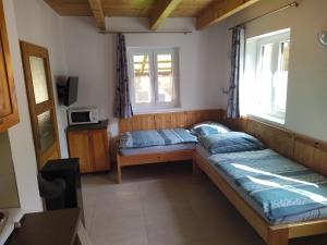 two beds in a room with two windows at Komplex Apartmánů Jestřábí in Černá v Pošumaví
