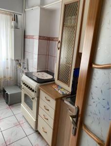 a small kitchen with a stove and a sink at Central Home in Piatra Neamţ