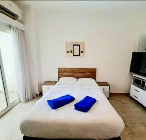 a bedroom with a bed with two blue pillows on it at Hotel Room in Aqua Palms Hurghada in Hurghada +14 photos
