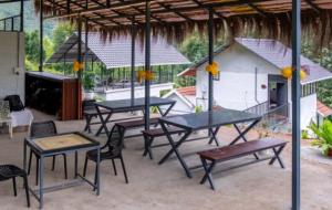a group of picnic tables and chairs under a pavilion at Vega Paradise in Kanthalloor +18 photos