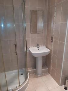 a bathroom with a sink and a shower at Northern Lights Apartment in Saltaire +36 photos