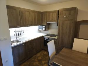 a kitchen with wooden cabinets and a sink and a table at Apartment Kostanjevica na Krki in Kostanjevica na Krki