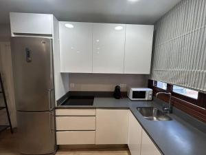 a kitchen with white cabinets and a stainless steel refrigerator at Loft in Uribarri in Bilbao +8 photos