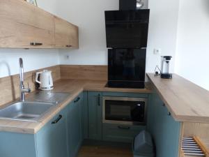 a kitchen with a sink and a microwave at Appart avec terrasse, AirCon & parking clos in Montévrain