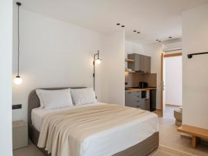 a bedroom with a large bed and a kitchen at Anemelia way of living in Naousa +37 photos