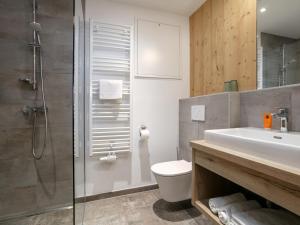 a bathroom with a shower and a sink and a toilet at Apart33 Top 2-16 in Haus im Ennstal +18 photos