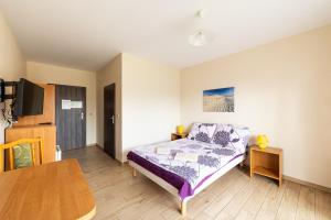 a bedroom with a bed and a table and a tv at Pensjonat Złoto Bałtyku in Łeba