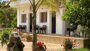 a house with a palm tree and flowers in front of it at Rida Village Ksamil Island in Ksamil