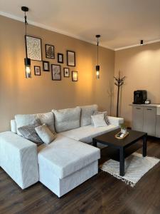 a living room with a couch and a coffee table at Peak Nest Rasnov in Râşnov