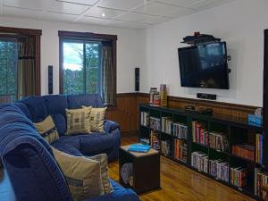 a living room with a blue couch and a tv at Terrasses Kedros Exitchalets Spa & Lake Acces in Entrelacs