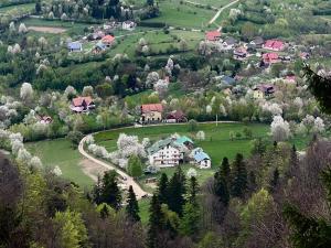 an aerial view of a village with houses and trees at Mont Crai in Zărneşti +28 photos