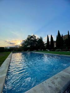 basen z błękitną wodą na dziedzińcu w obiekcie Agriturismo Castello La Grancia di Spedaletto w mieście Pienza